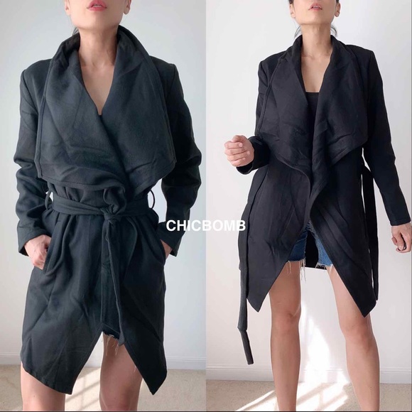 BLACK BELTED LAPEL COAT - Picture 4 of 8